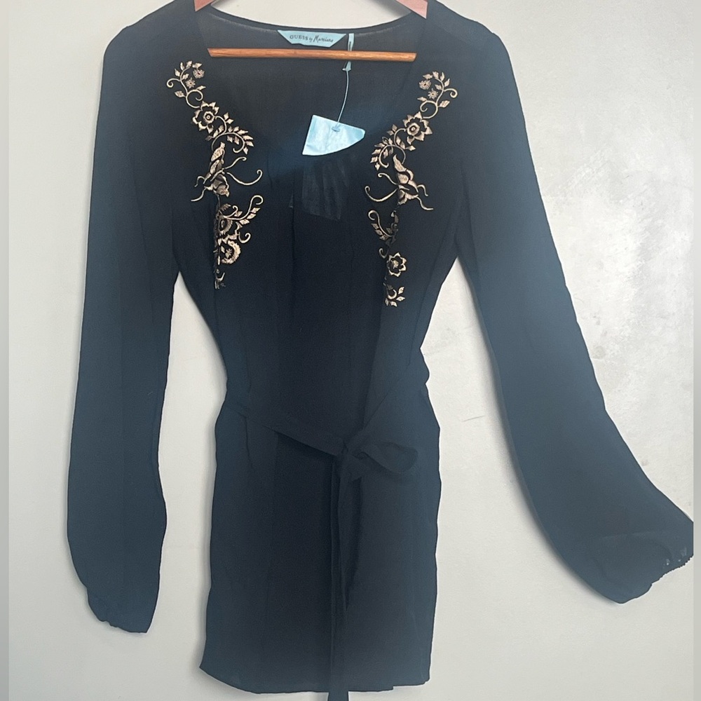 Guess by Marciano Woman’s Black Blouse with Gold Embroidery Long Sleeve Sz S